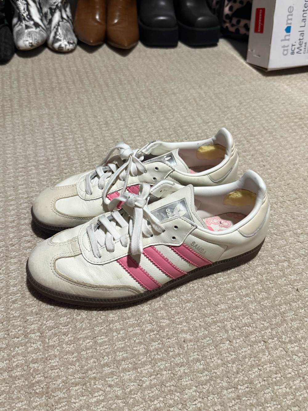 adidas Women’s White Sneakers with Pink Stripes